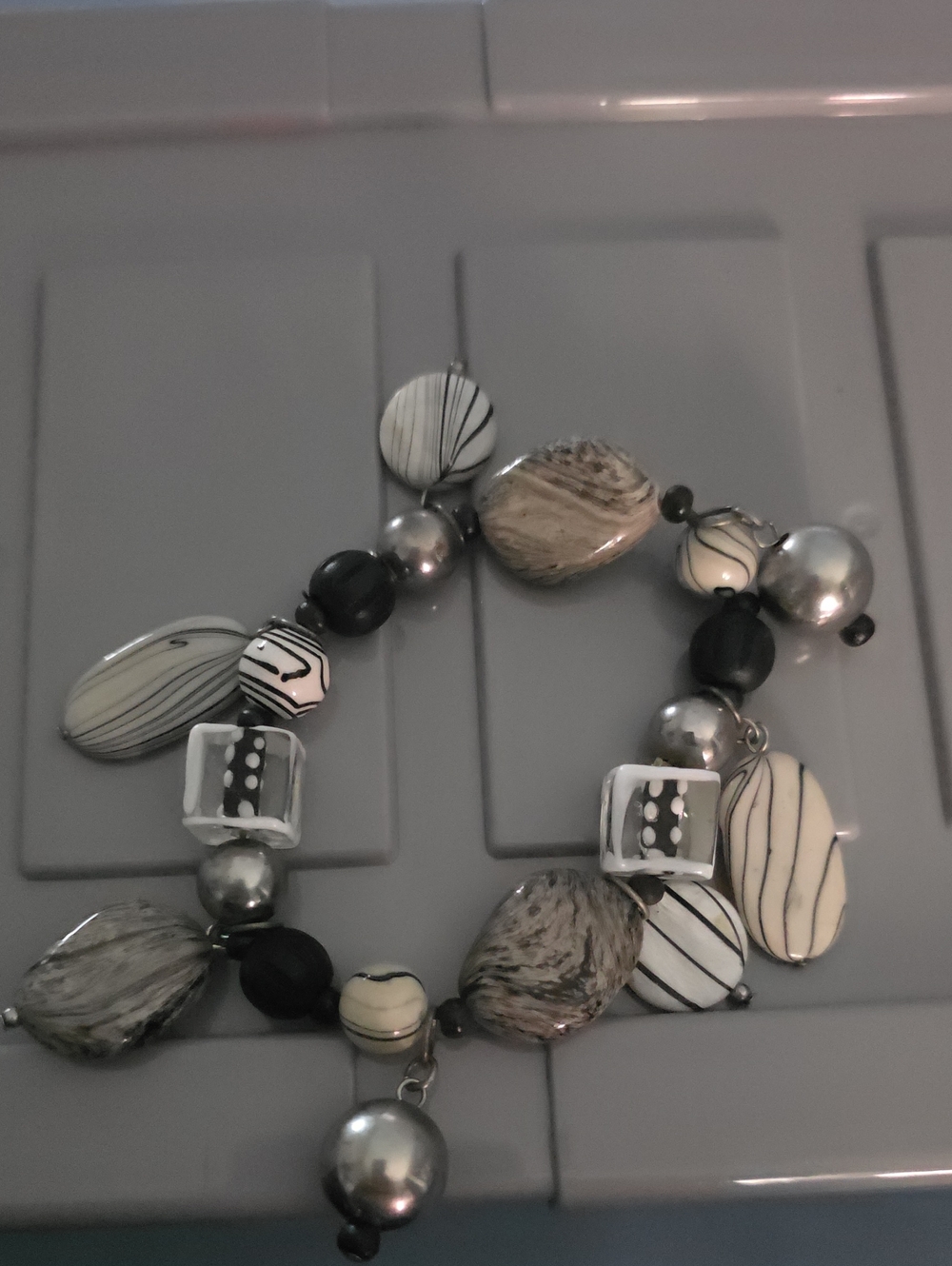 Source Unknown Black, White & Silver Beaded Statement Bracelet